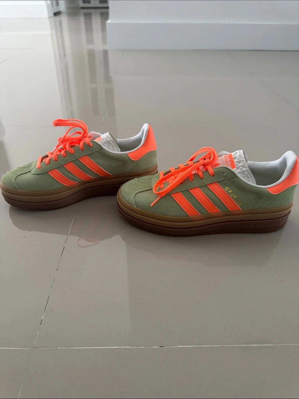 Adidas Men's Green Suede Sneakers with Neon Orange Stripes